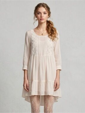 Anthropologie Maeve Ivory Babydoll Dress M Tiered Cottagecore Oversized Mini
